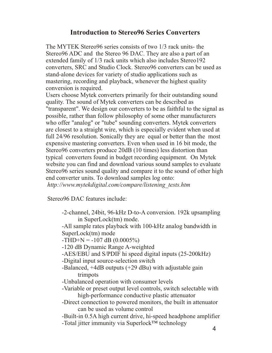 Mytek Digital Stereo 96 DAC (VER.8/sep 2010) User Manual | Page 5 / 14