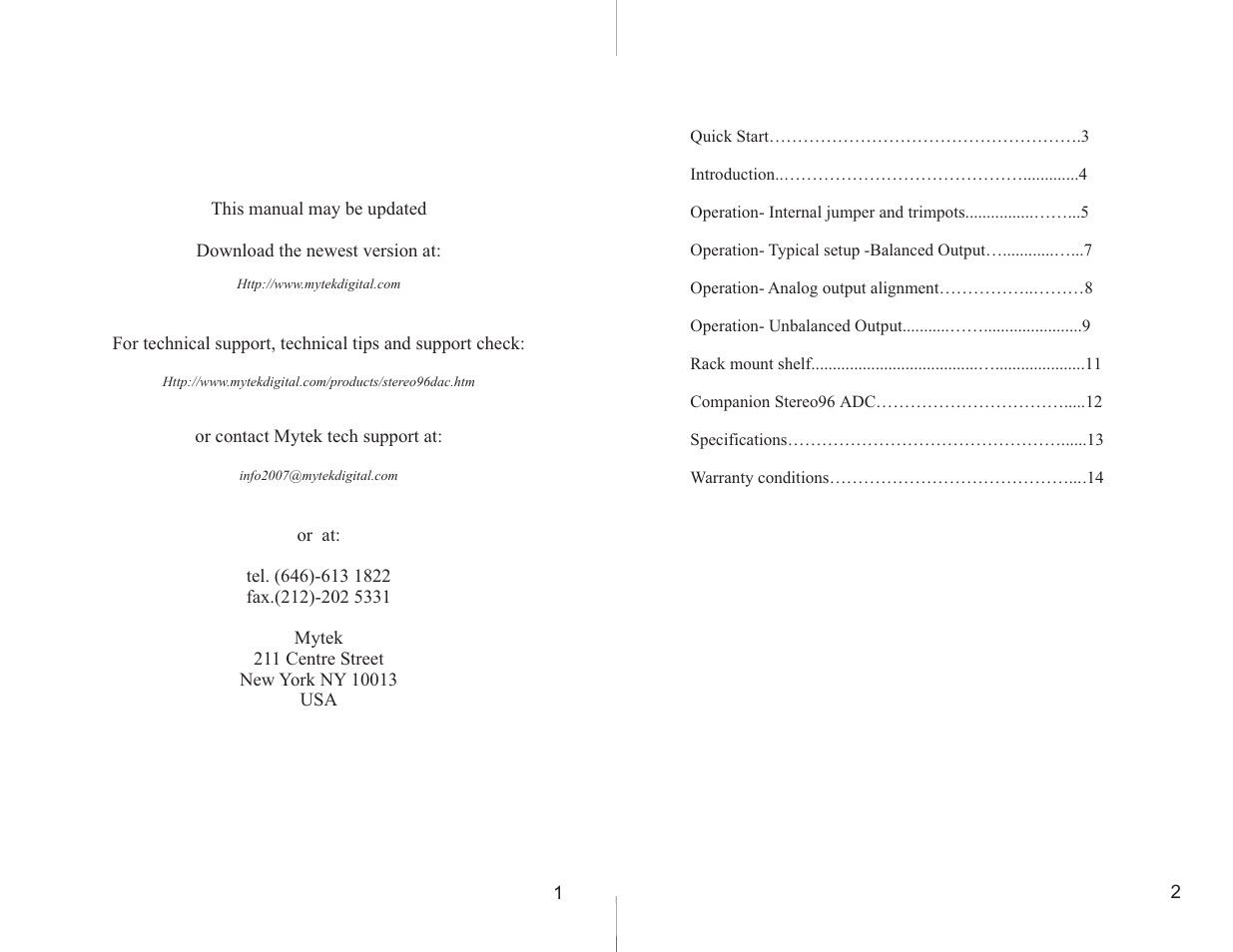 Mytek Digital Stereo 96 DAC (VER.5/jan 2006) User Manual | Page 2 / 8