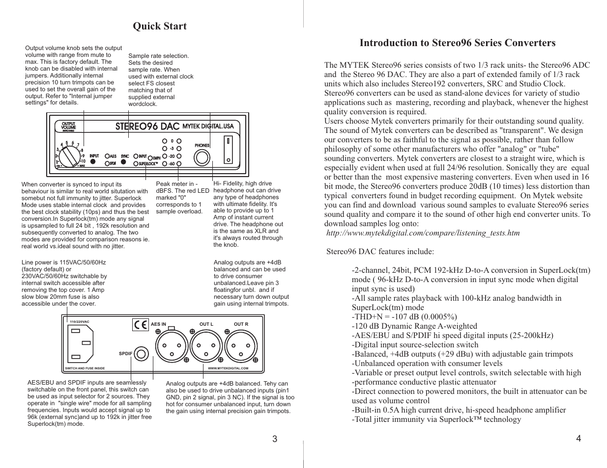 Introduction to stereo96 series converters, Quick start | Mytek Digital Stereo 96 DAC (VER.5/jan 2006) User Manual | Page 3 / 8