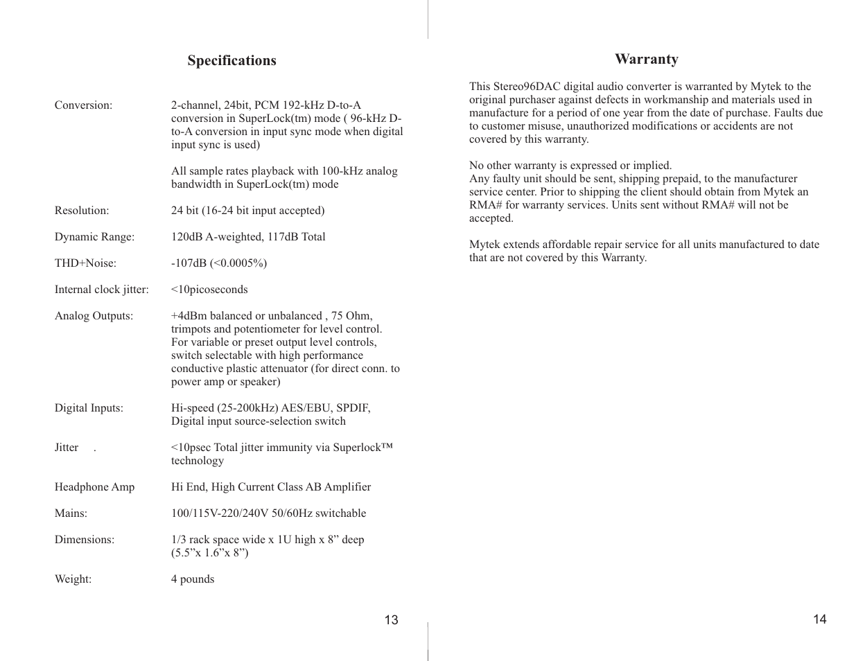 Mytek Digital Stereo 96 DAC (VER.5/jan 2006) User Manual | Page 8 / 8