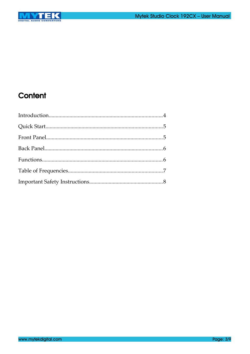 Content | Mytek Digital Studio Clock 192CX (ver. 1.0 / Jun 2011) User Manual | Page 3 / 9