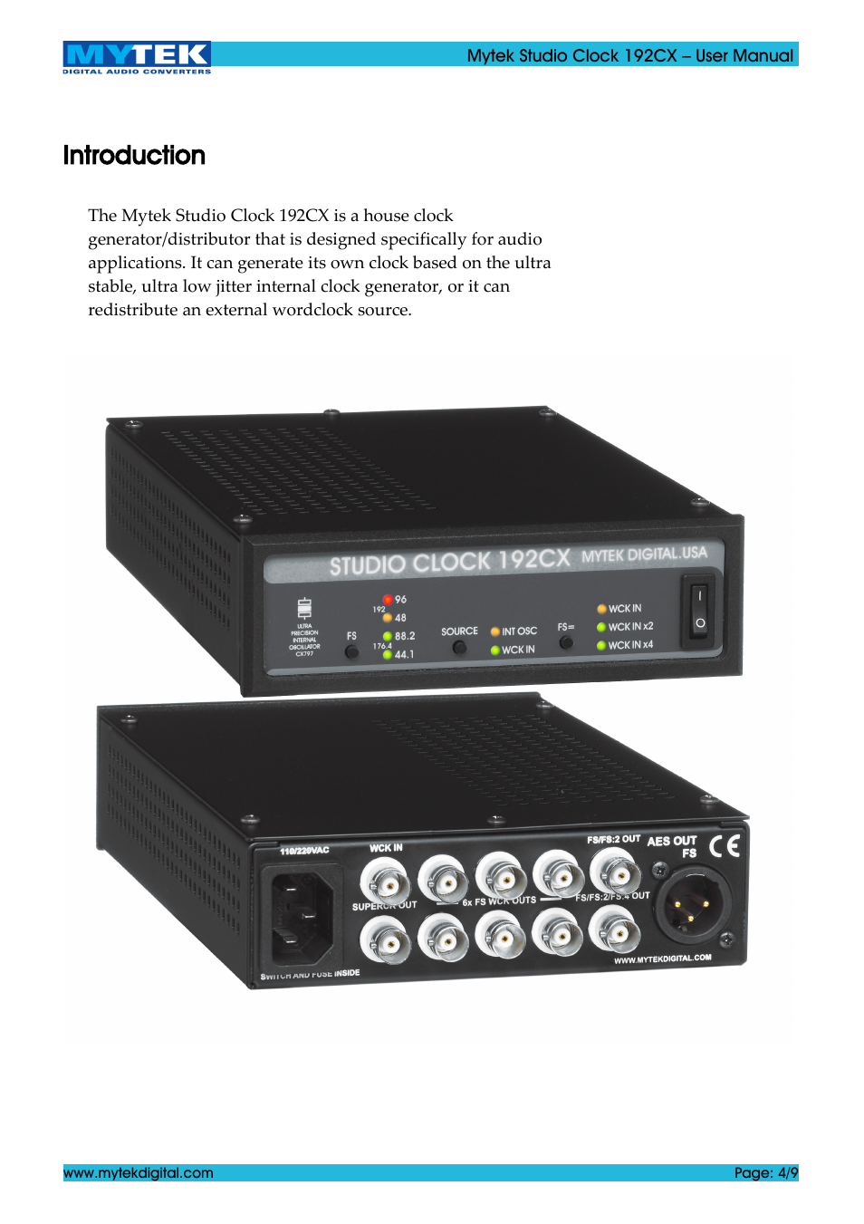 Introduction | Mytek Digital Studio Clock 192CX (ver. 1.0 / Jun 2011) User Manual | Page 4 / 9