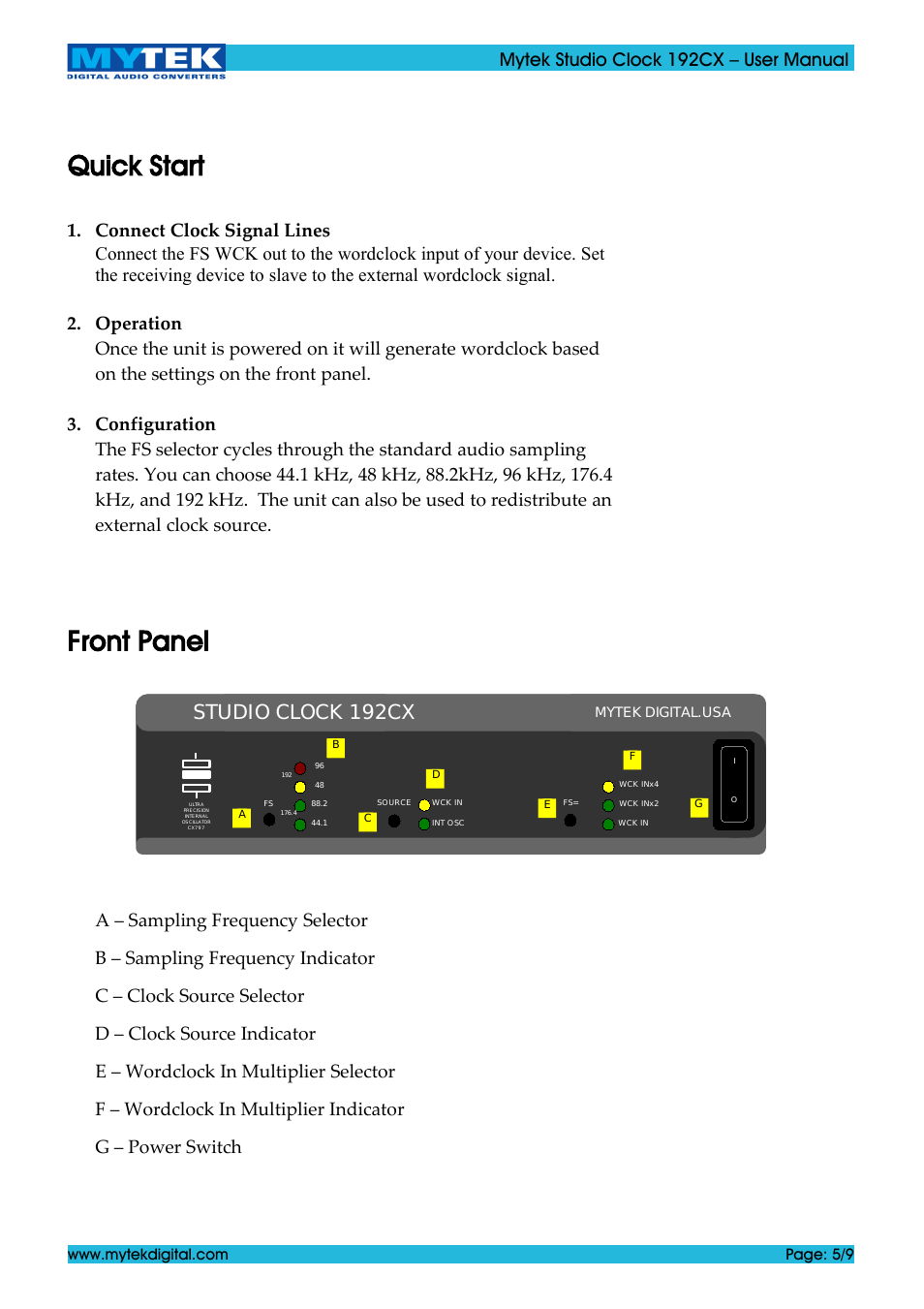 Quick start, Front panel, Studio clock 192cx | Mytek studio clock 192cx – user manual | Mytek Digital Studio Clock 192CX (ver. 1.0 / Jun 2011) User Manual | Page 5 / 9