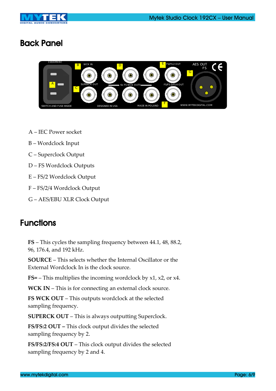 Back panel, Functions, Mytek studio clock 192cx – user manual | Mytek Digital Studio Clock 192CX (ver. 1.0 / Jun 2011) User Manual | Page 6 / 9