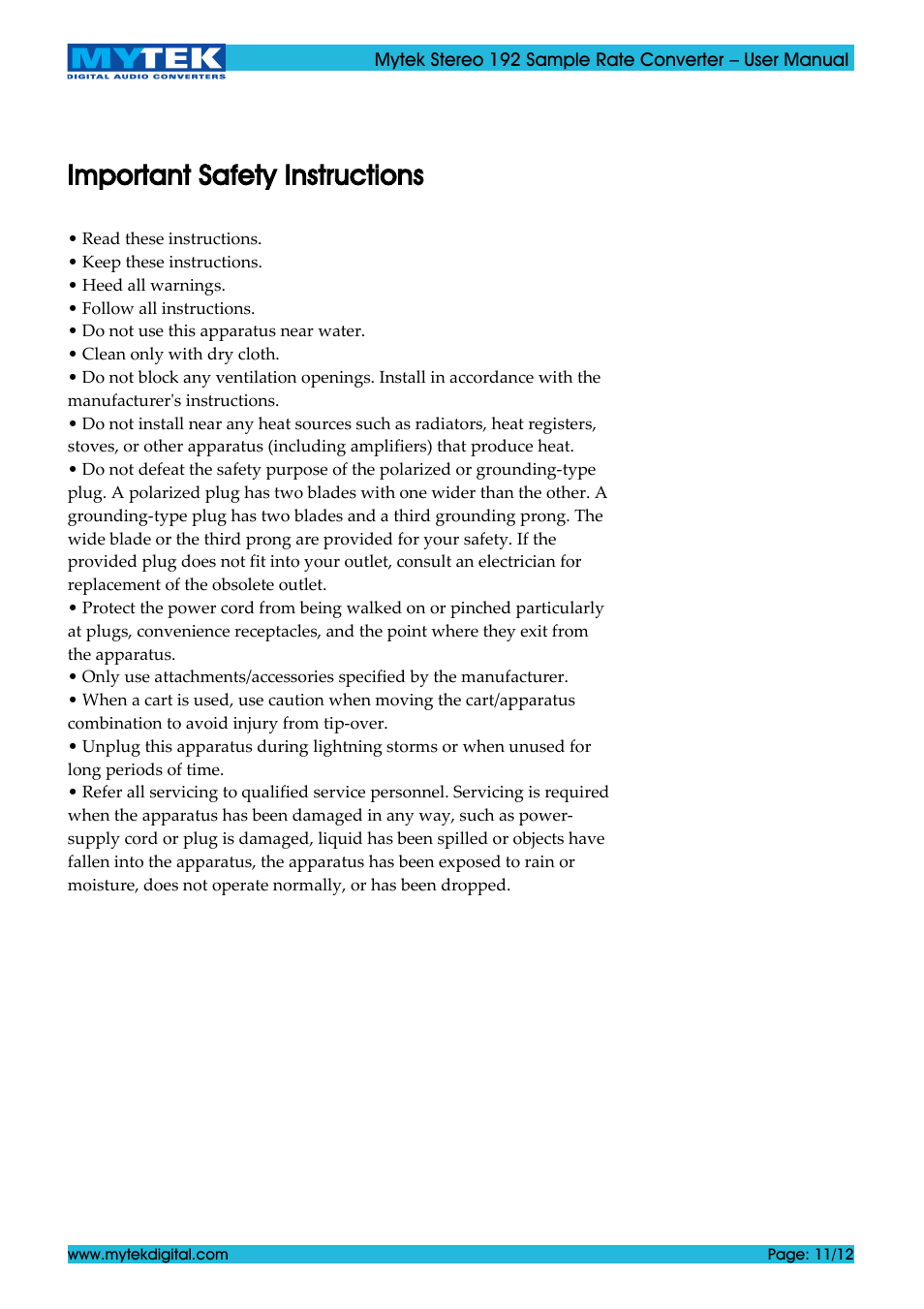 Important safety instructions | Mytek Digital Stereo 192 Sample Rate Converter (ver. 1.2 / May 2011) User Manual | Page 11 / 12