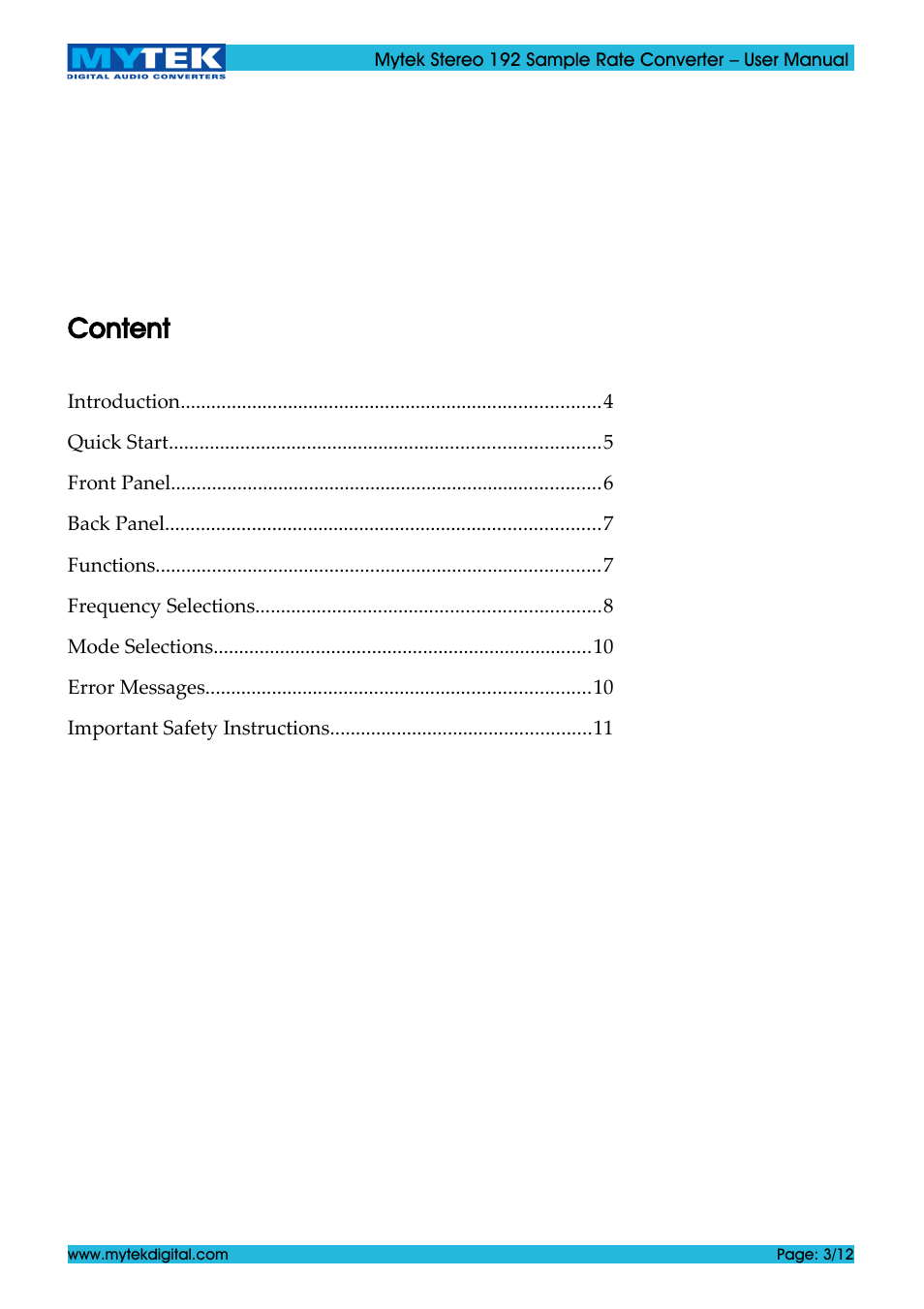 Content | Mytek Digital Stereo 192 Sample Rate Converter (ver. 1.2 / May 2011) User Manual | Page 3 / 12