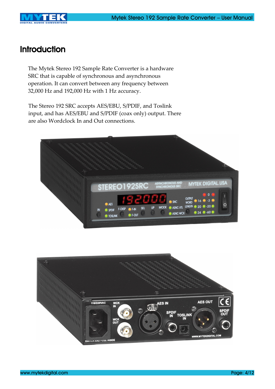 Introduction | Mytek Digital Stereo 192 Sample Rate Converter (ver. 1.2 / May 2011) User Manual | Page 4 / 12