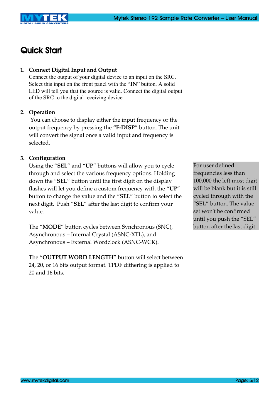 Quick start | Mytek Digital Stereo 192 Sample Rate Converter (ver. 1.2 / May 2011) User Manual | Page 5 / 12