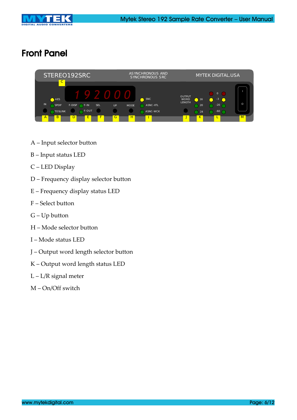 Front panel, Stereo192src | Mytek Digital Stereo 192 Sample Rate Converter (ver. 1.2 / May 2011) User Manual | Page 6 / 12
