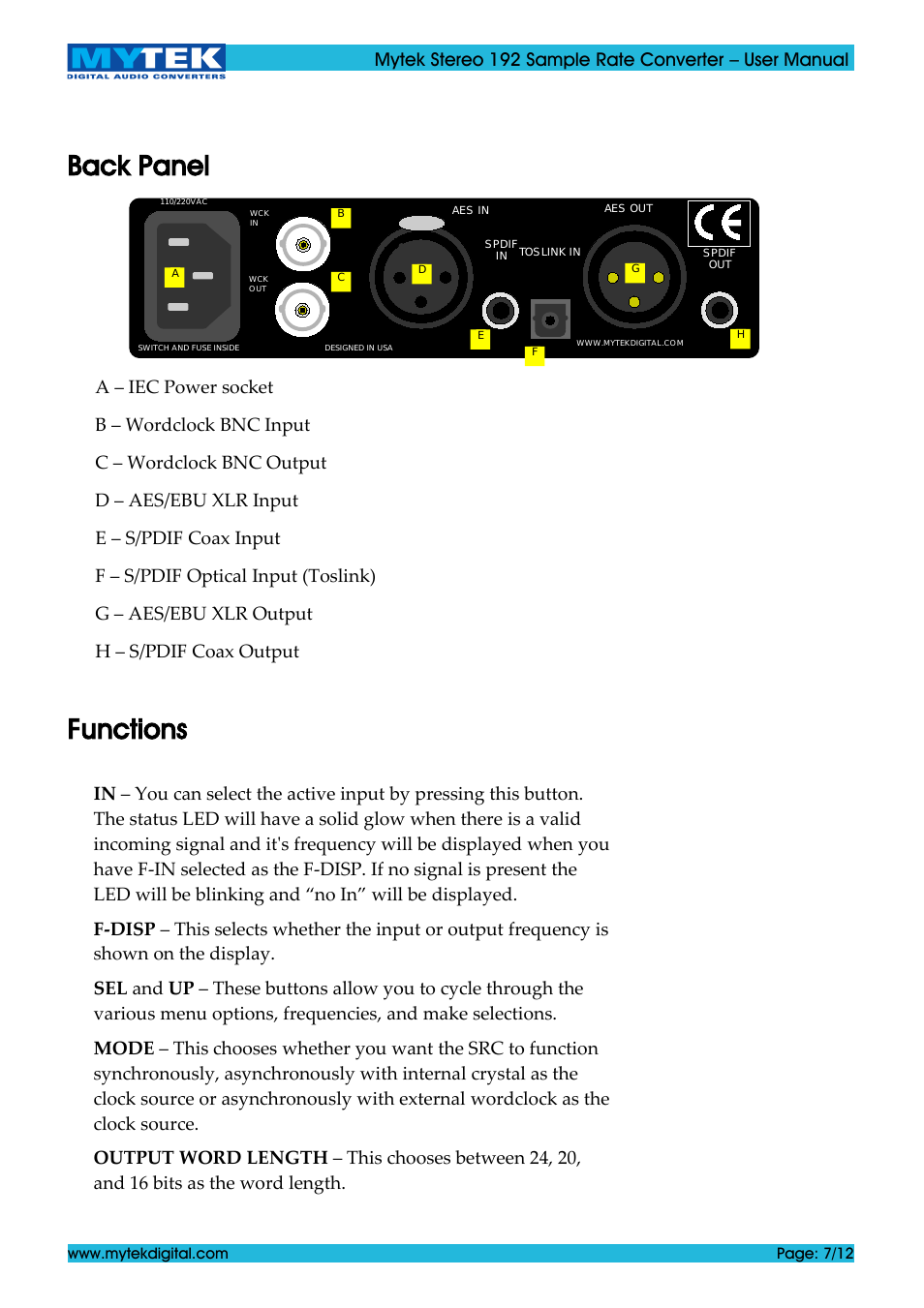 Back panel, Functions | Mytek Digital Stereo 192 Sample Rate Converter (ver. 1.2 / May 2011) User Manual | Page 7 / 12