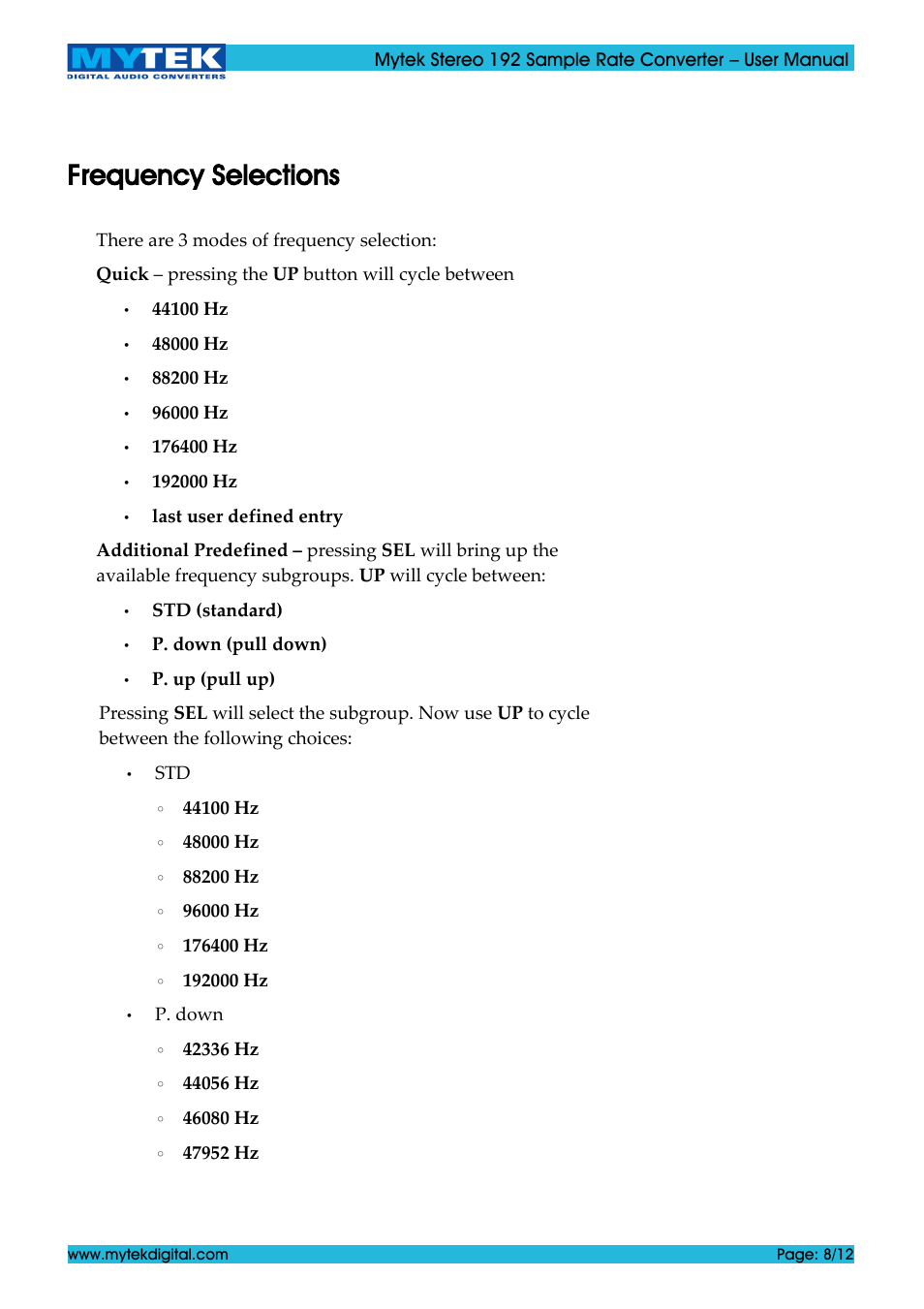 Frequency selections | Mytek Digital Stereo 192 Sample Rate Converter (ver. 1.2 / May 2011) User Manual | Page 8 / 12