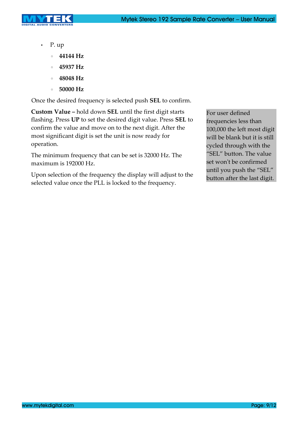 Mytek Digital Stereo 192 Sample Rate Converter (ver. 1.2 / May 2011) User Manual | Page 9 / 12