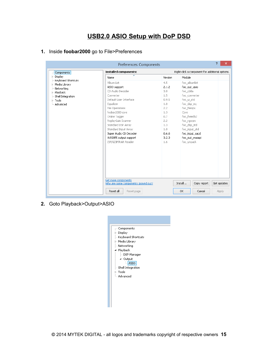 Usb2.0 asio setup with dop dsd | Mytek Digital Stereo 192- DSD DAC Software (v.2) User Manual | Page 15 / 78