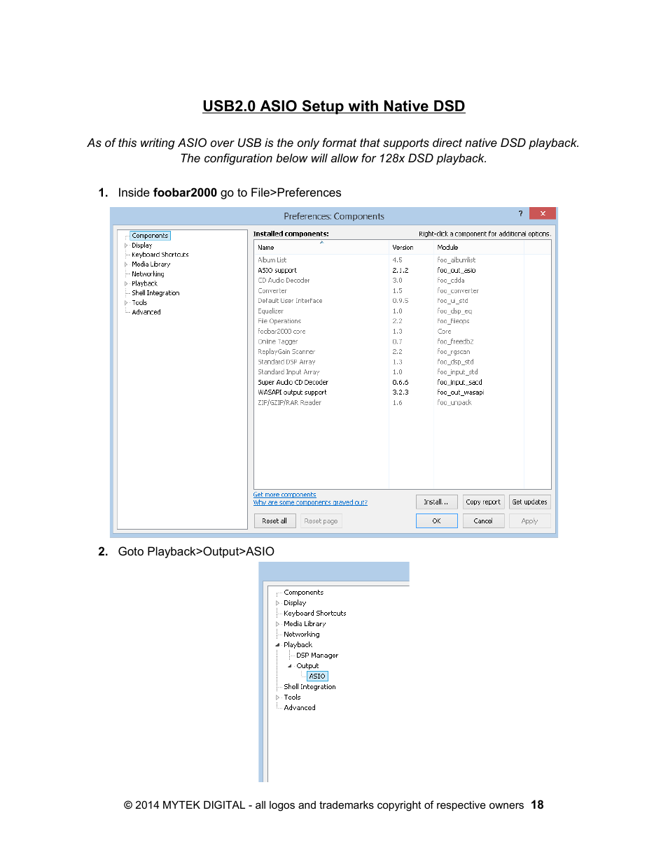 Usb2.0 asio setup with native dsd | Mytek Digital Stereo 192- DSD DAC Software (v.2) User Manual | Page 18 / 78