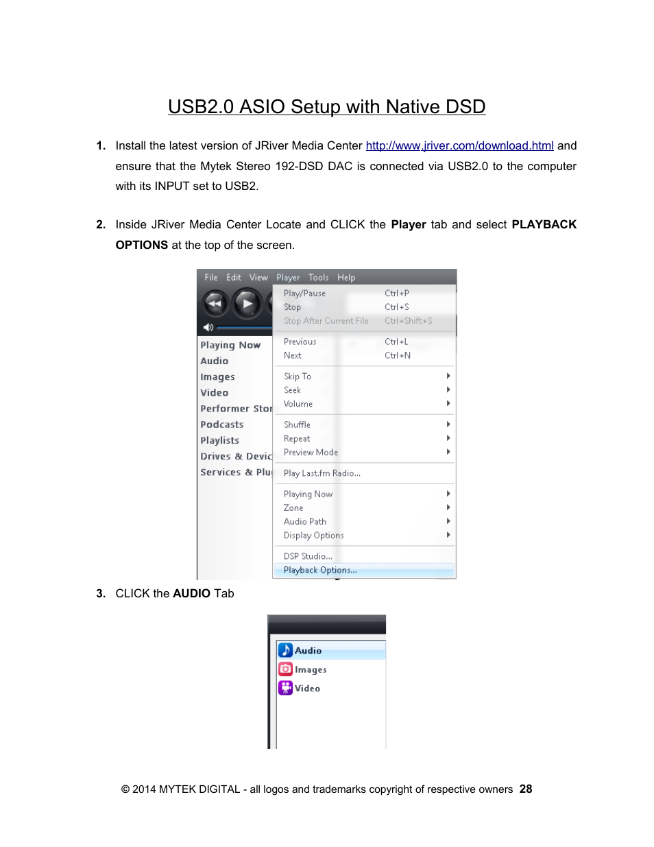 Usb2.0 asio setup with native dsd, Usb 2.0 asio setup with native dsd | Mytek Digital Stereo 192- DSD DAC Software (v.2) User Manual | Page 28 / 78