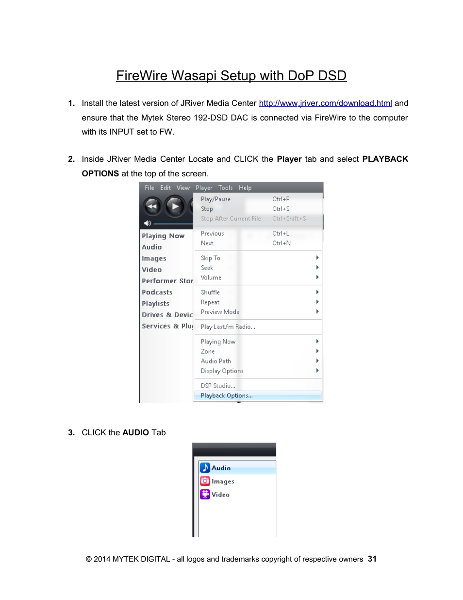 Firewire wasapi setup with dop dsd | Mytek Digital Stereo 192- DSD DAC Software (v.2) User Manual | Page 31 / 78