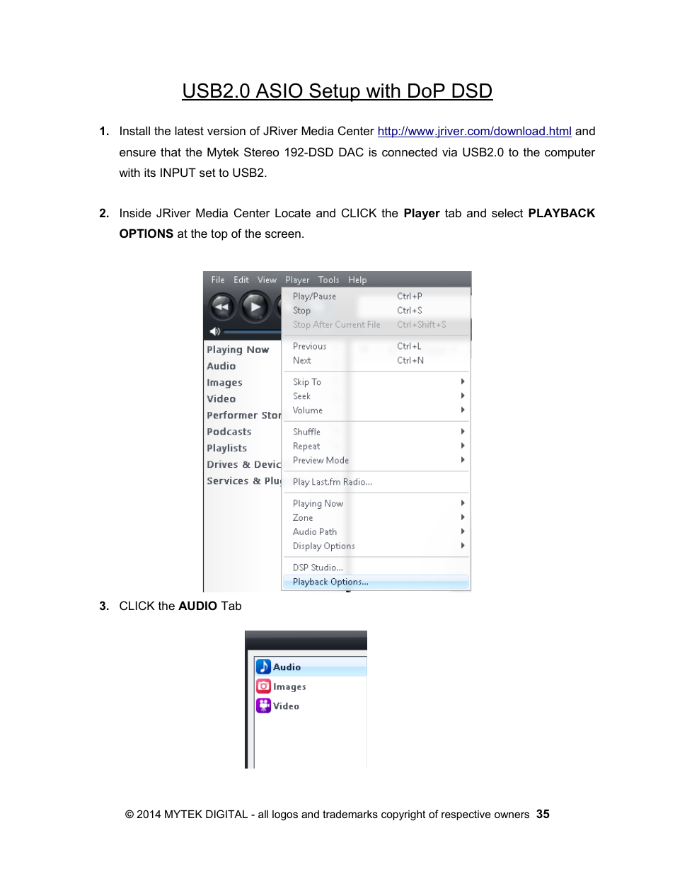 Usb2.0 asio setup with dop dsd | Mytek Digital Stereo 192- DSD DAC Software (v.2) User Manual | Page 35 / 78