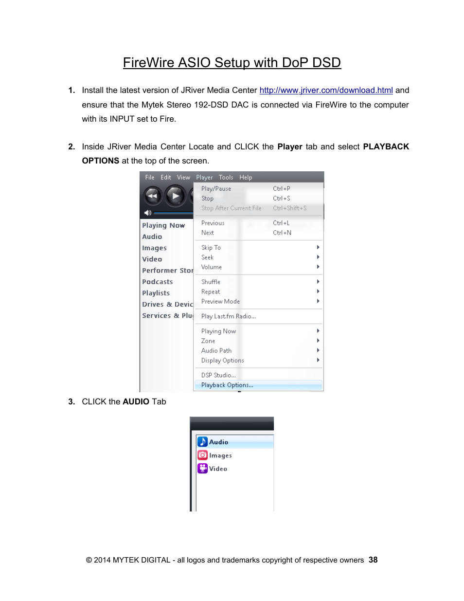 Firewire asio setup with dop dsd | Mytek Digital Stereo 192- DSD DAC Software (v.2) User Manual | Page 38 / 78