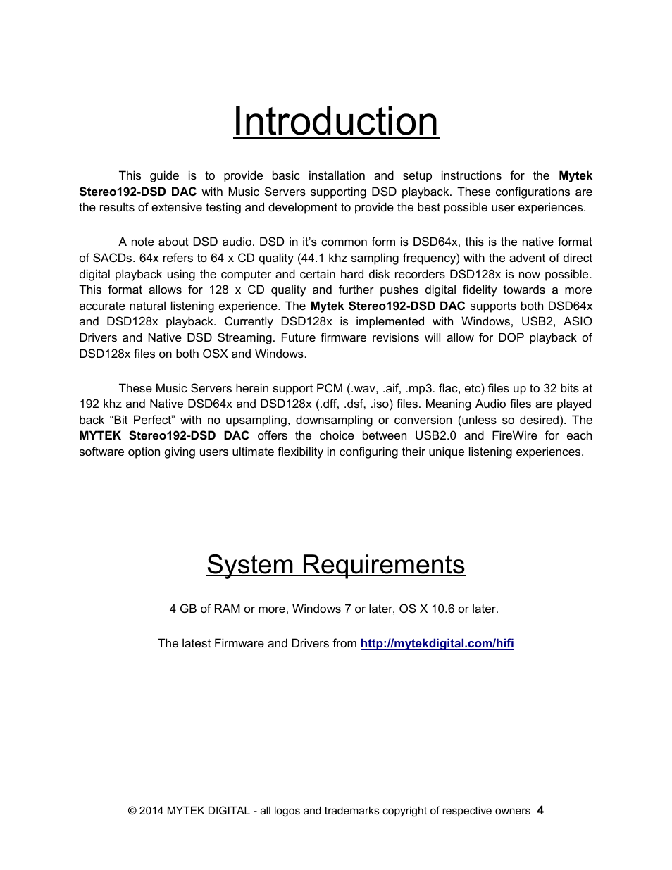 Introduction, System requirements | Mytek Digital Stereo 192- DSD DAC Software (v.2) User Manual | Page 4 / 78