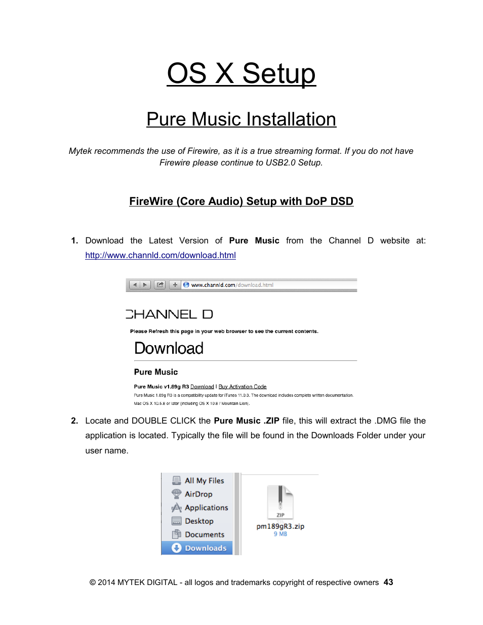Os x setup, Pure music installation, Firewire (core audio) setup with dop dsd | Mytek Digital Stereo 192- DSD DAC Software (v.2) User Manual | Page 43 / 78