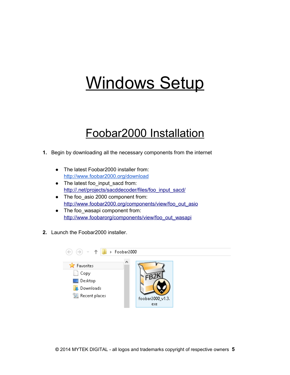Windows setup, Foobar2000 installation | Mytek Digital Stereo 192- DSD DAC Software (v.2) User Manual | Page 5 / 78