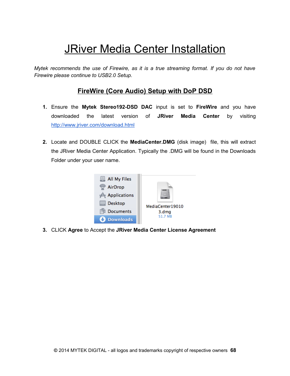 Jriver media center installation, Firewire (core audio) setup with dop dsd | Mytek Digital Stereo 192- DSD DAC Software (v.2) User Manual | Page 68 / 78