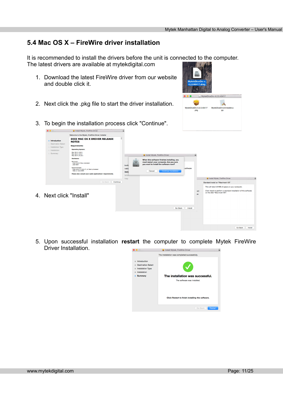4 mac os x – firewire driver installation | Mytek Digital Manhattan DAC (v.1.3) User Manual | Page 12 / 26
