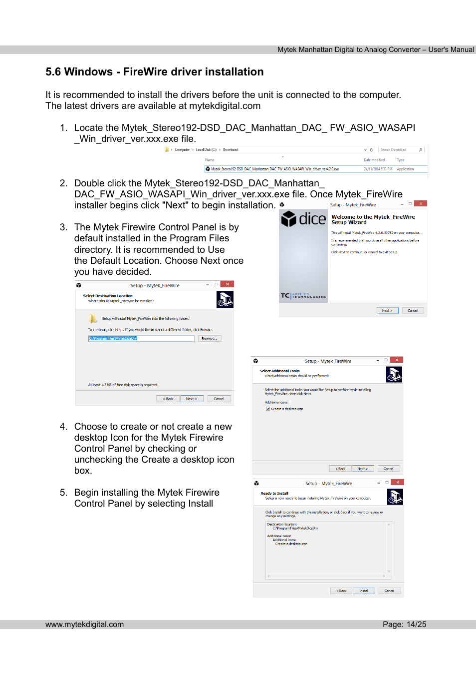 6 windows - firewire driver installation | Mytek Digital Manhattan DAC (v.1.3) User Manual | Page 15 / 26