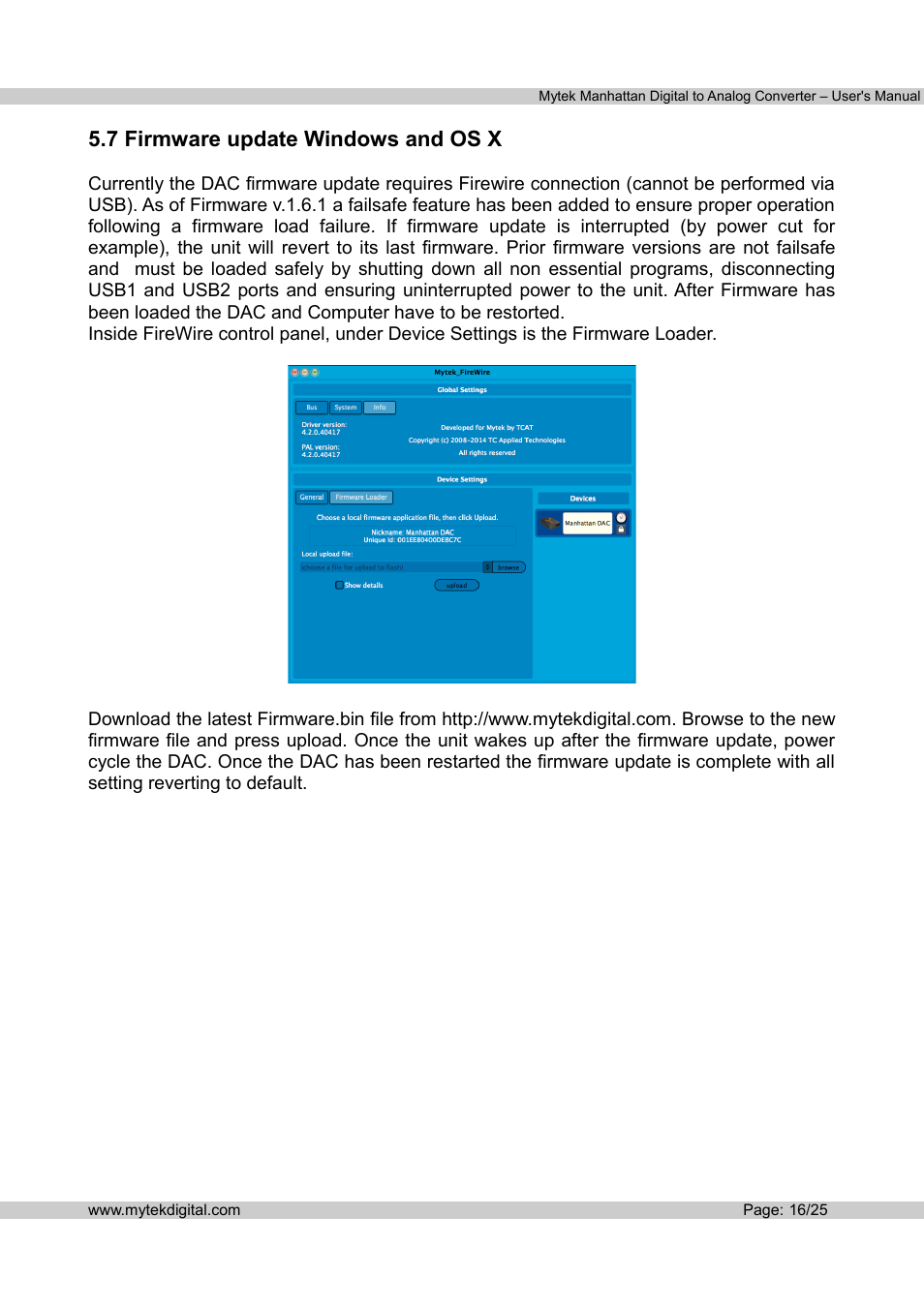7 firmware update windows and os x | Mytek Digital Manhattan DAC (v.1.3) User Manual | Page 17 / 26