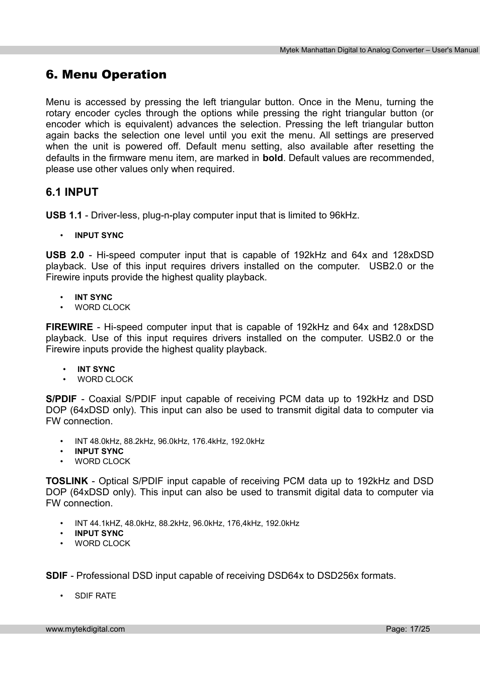 Menu operation, 1 input | Mytek Digital Manhattan DAC (v.1.3) User Manual | Page 18 / 26