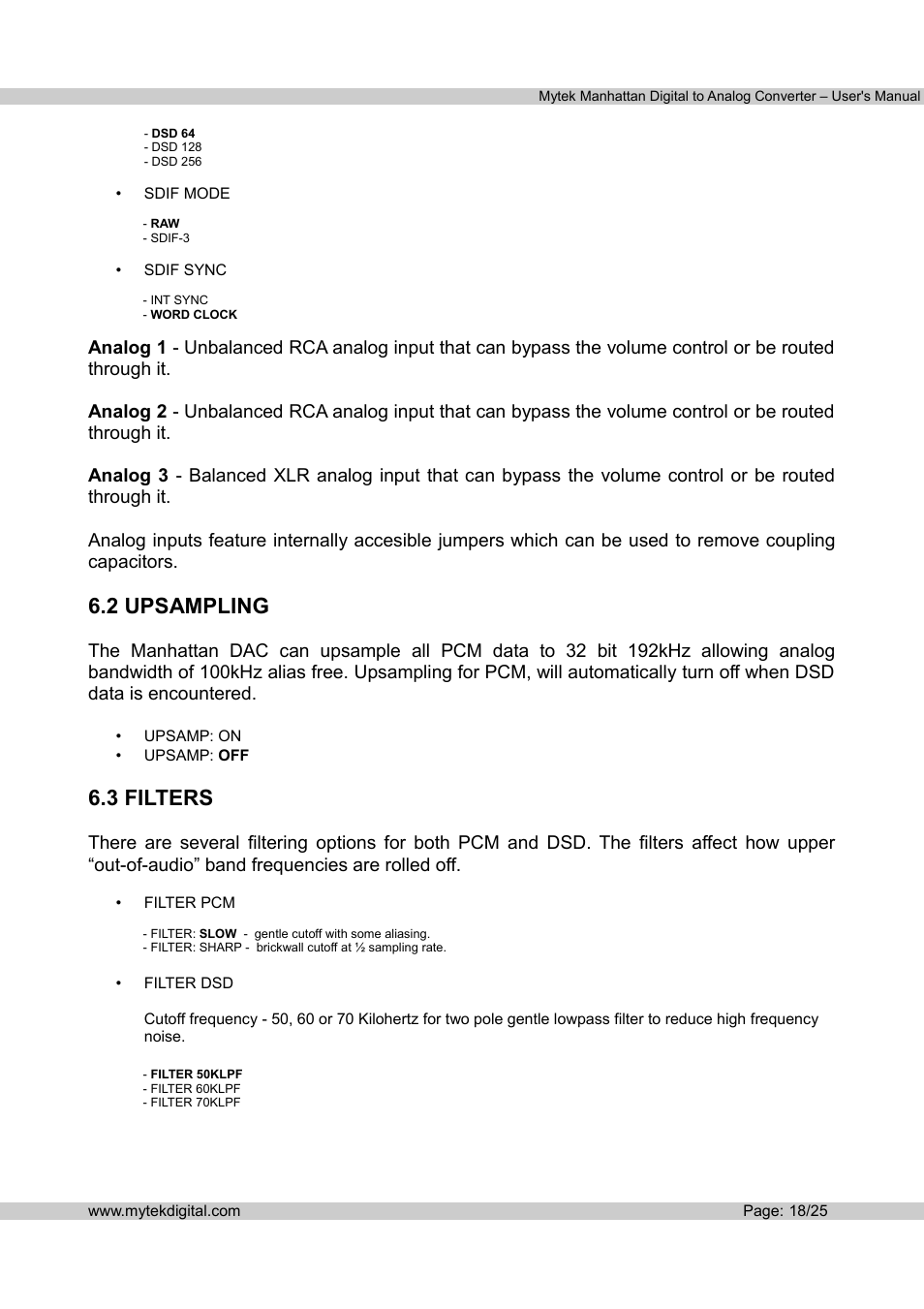 2 upsampling, 3 filters | Mytek Digital Manhattan DAC (v.1.3) User Manual | Page 19 / 26