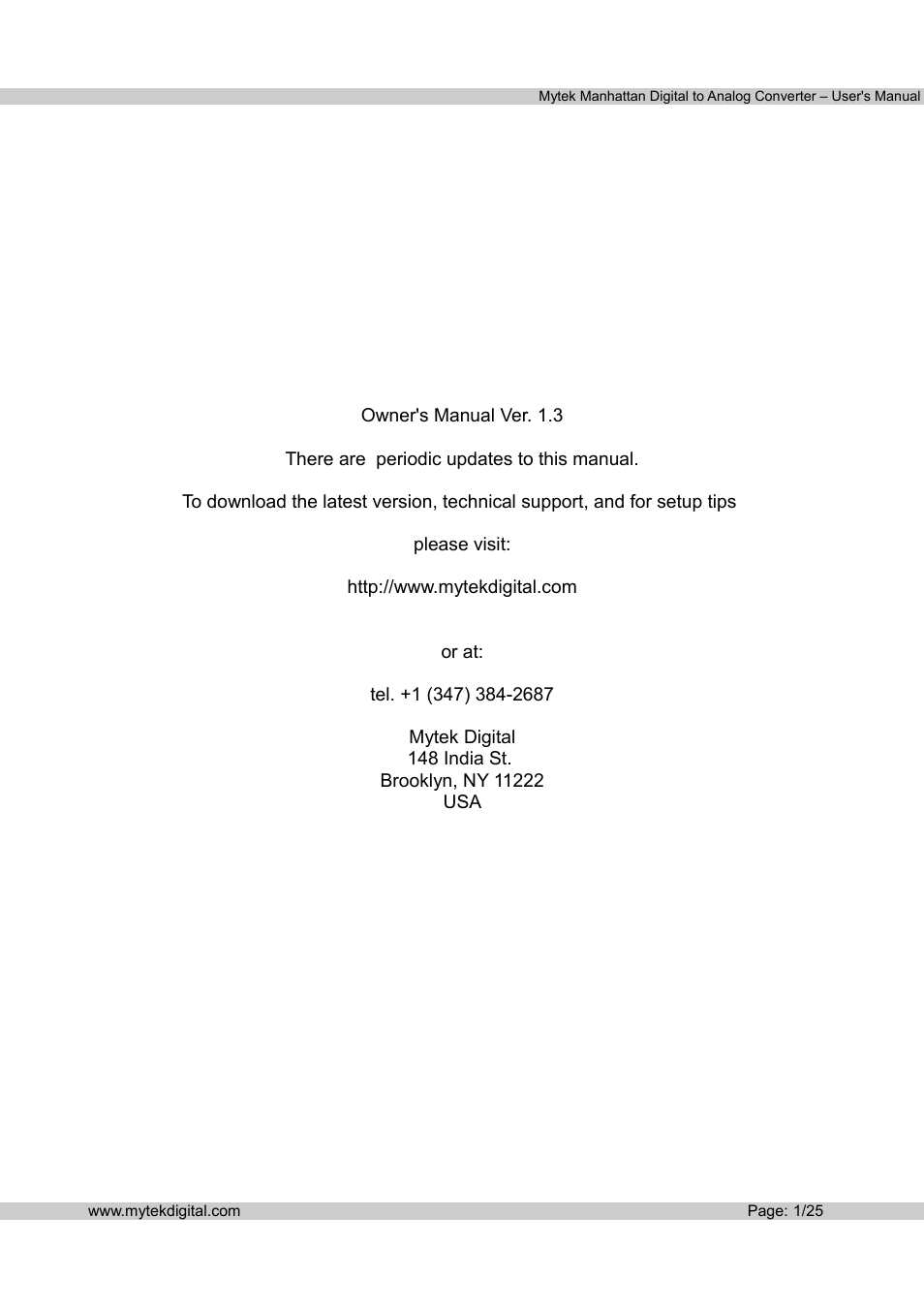 Mytek Digital Manhattan DAC (v.1.3) User Manual | Page 2 / 26