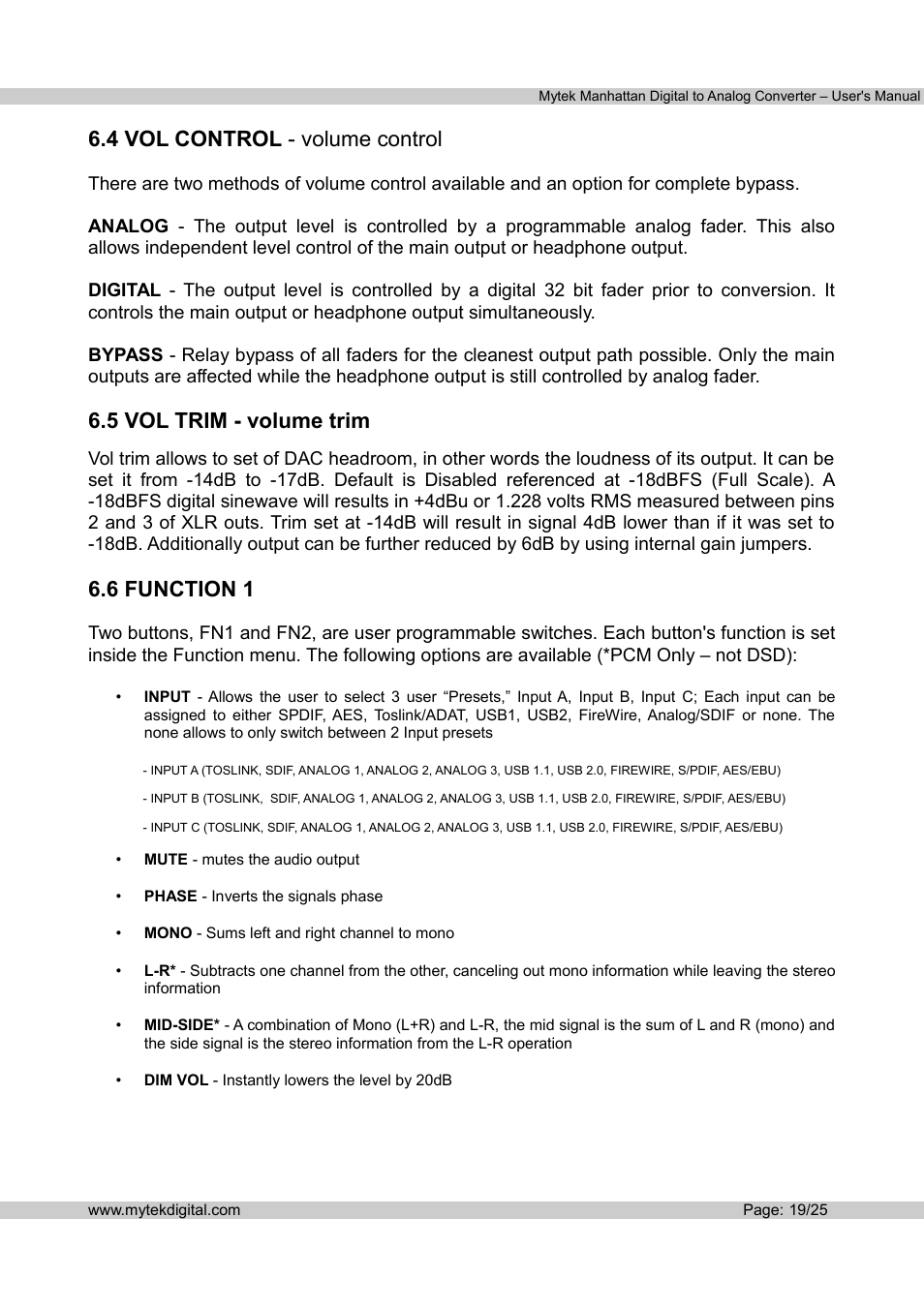 4 vol control - volume control, 5 vol trim - volume trim, 6 function 1 | Mytek Digital Manhattan DAC (v.1.3) User Manual | Page 20 / 26