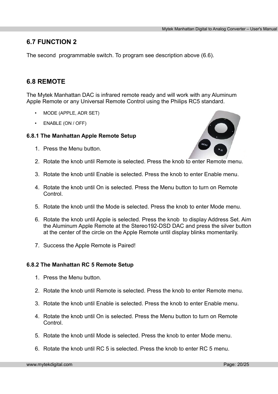 7 function 2, 8 remote | Mytek Digital Manhattan DAC (v.1.3) User Manual | Page 21 / 26