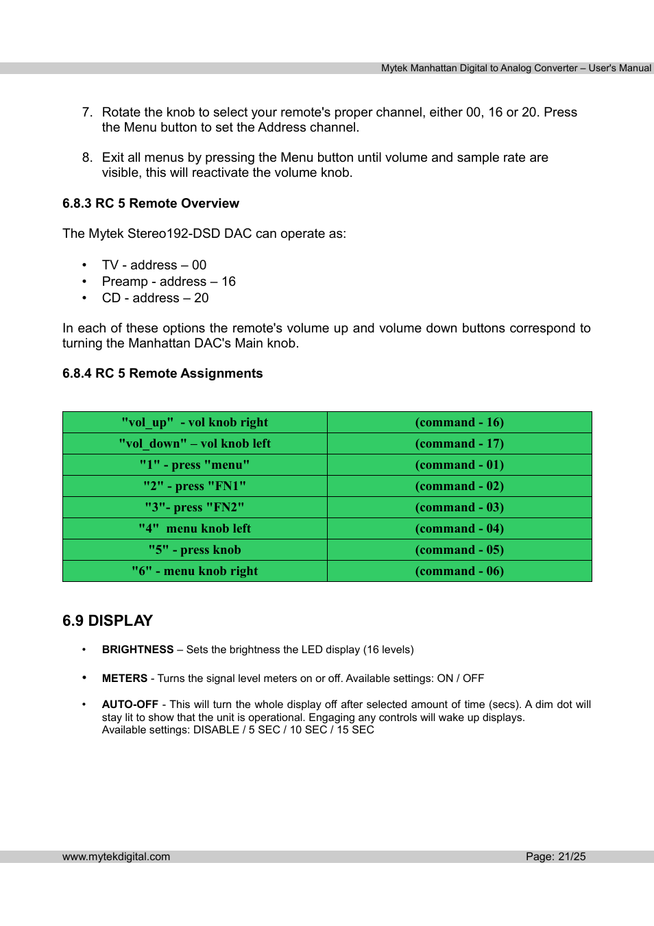 9 display | Mytek Digital Manhattan DAC (v.1.3) User Manual | Page 22 / 26