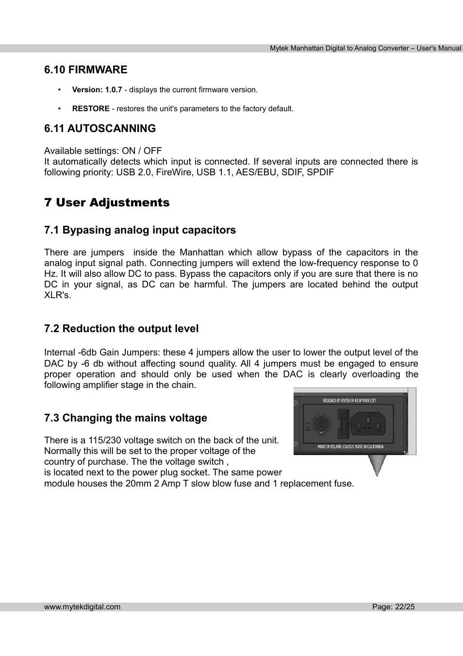 7 user adjustments | Mytek Digital Manhattan DAC (v.1.3) User Manual | Page 23 / 26