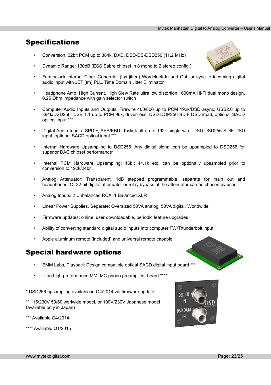 Specifications, Special hardware options | Mytek Digital Manhattan DAC (v.1.3) User Manual | Page 24 / 26