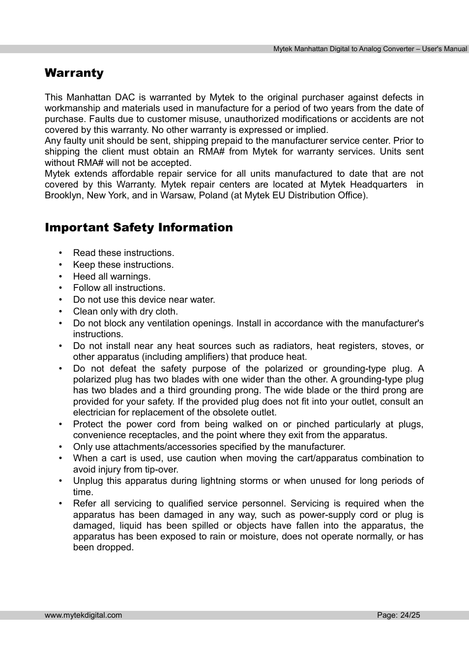 Warranty, Important safety information | Mytek Digital Manhattan DAC (v.1.3) User Manual | Page 25 / 26