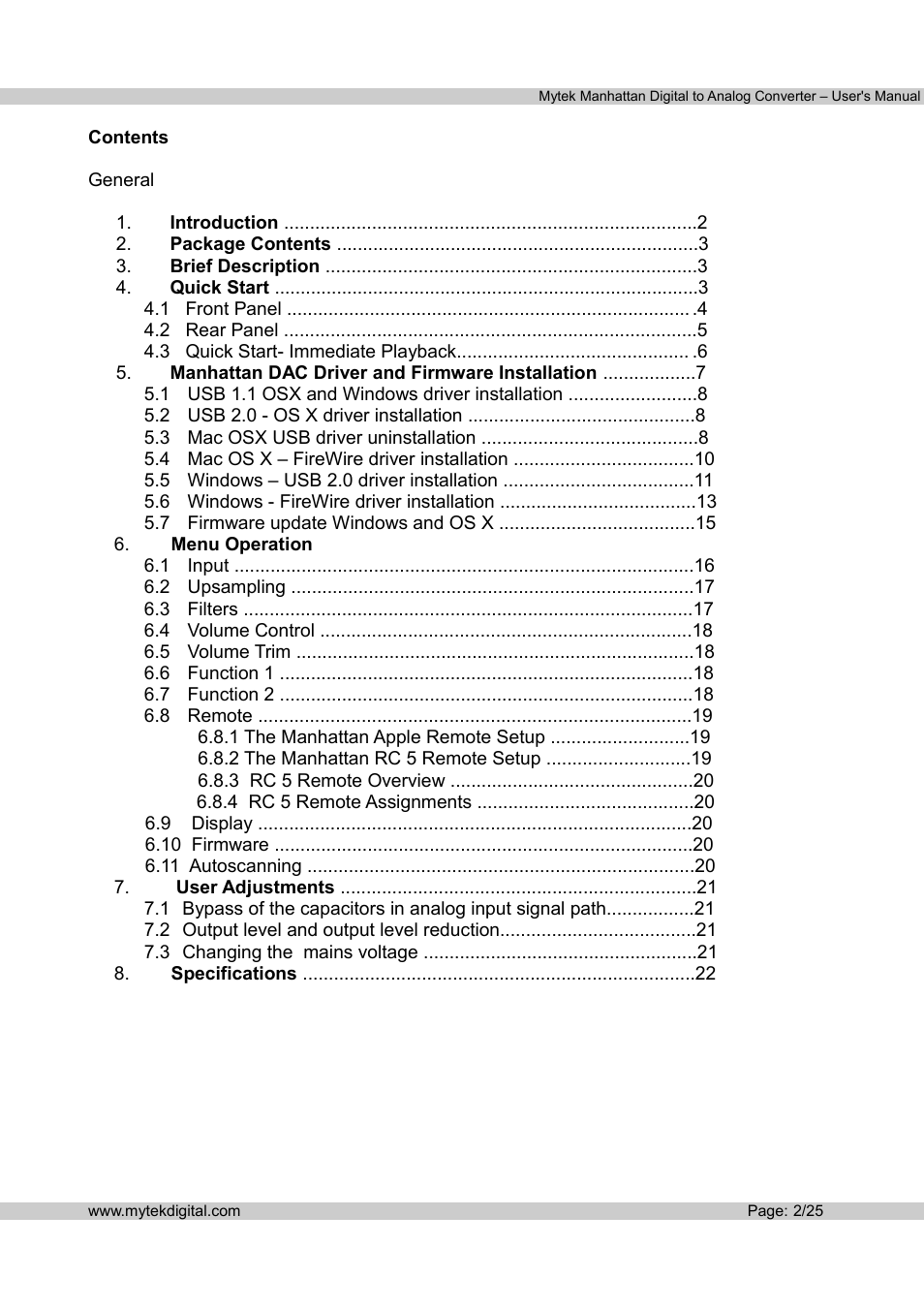Mytek Digital Manhattan DAC (v.1.3) User Manual | Page 3 / 26