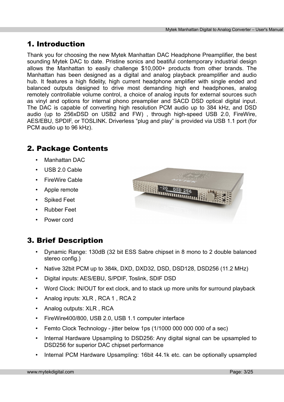 Introduction, Package contents, Brief description | Mytek Digital Manhattan DAC (v.1.3) User Manual | Page 4 / 26
