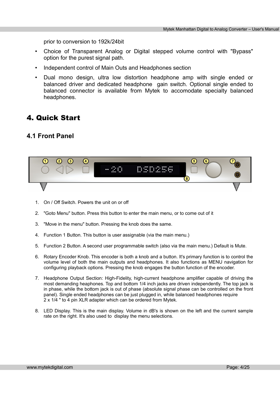 Quick start, 1 front panel | Mytek Digital Manhattan DAC (v.1.3) User Manual | Page 5 / 26