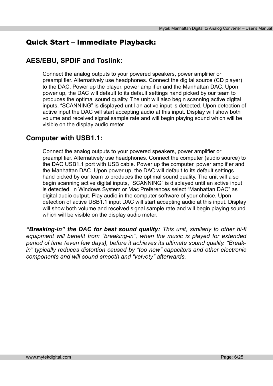 Computer with usb1.1 | Mytek Digital Manhattan DAC (v.1.3) User Manual | Page 7 / 26