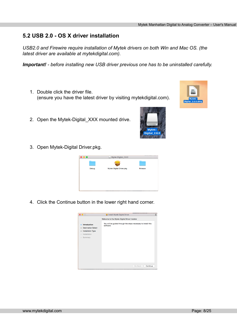 2 usb 2.0 - os x driver installation | Mytek Digital Manhattan DAC (v.1.3) User Manual | Page 9 / 26