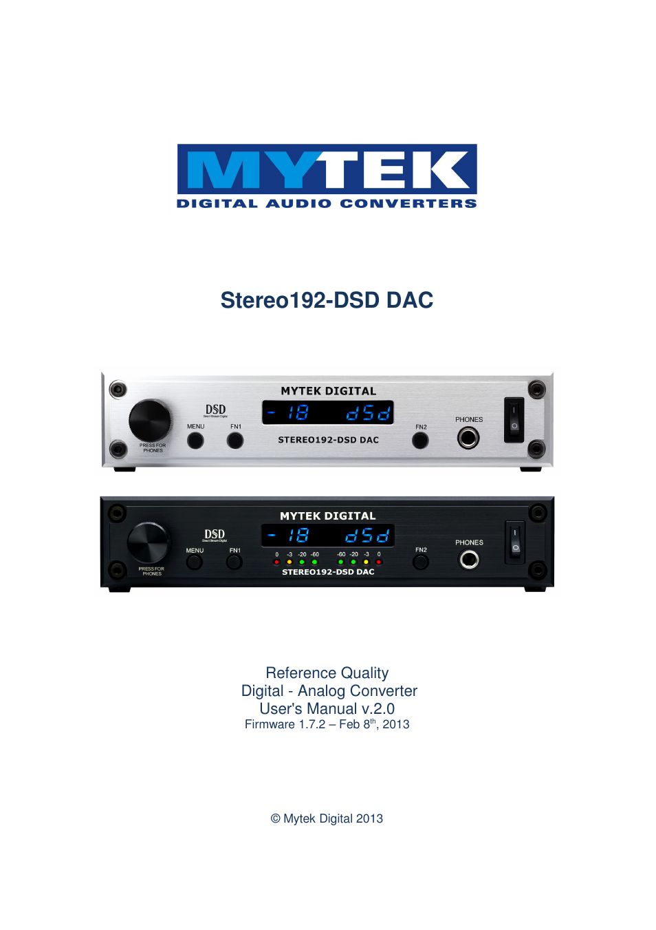 Mytek Digital Stereo 192-DSD DAC (v.2.0) User Manual | 48 pages