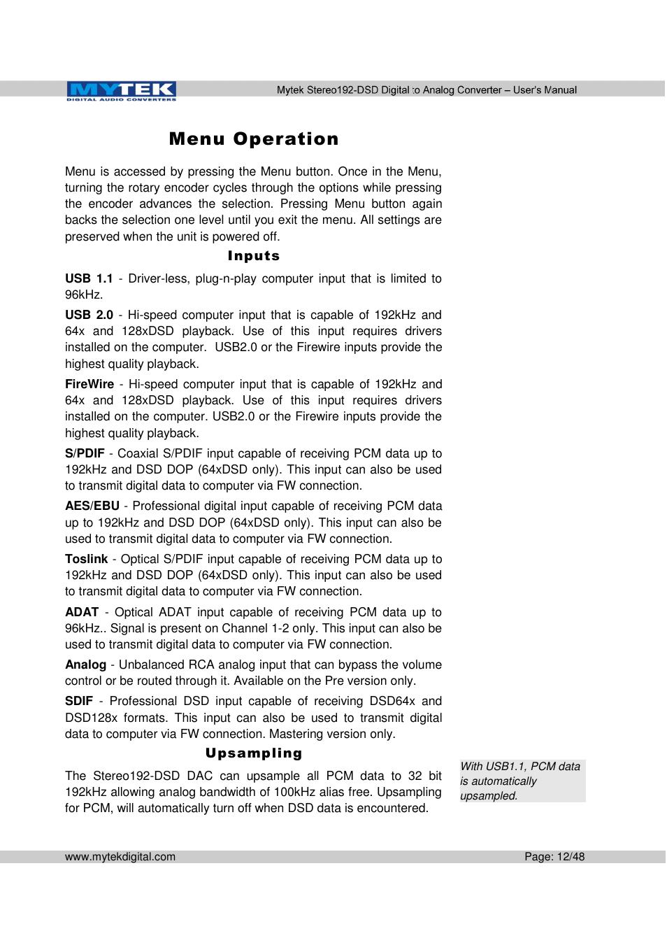 Mytek Digital Stereo 192-DSD DAC (v.2.0) User Manual | Page 12 / 48