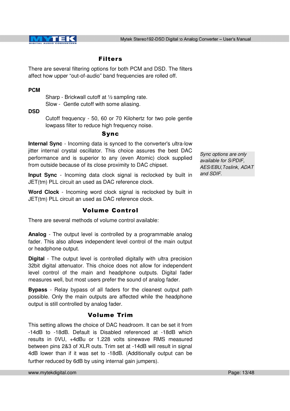 Mytek Digital Stereo 192-DSD DAC (v.2.0) User Manual | Page 13 / 48