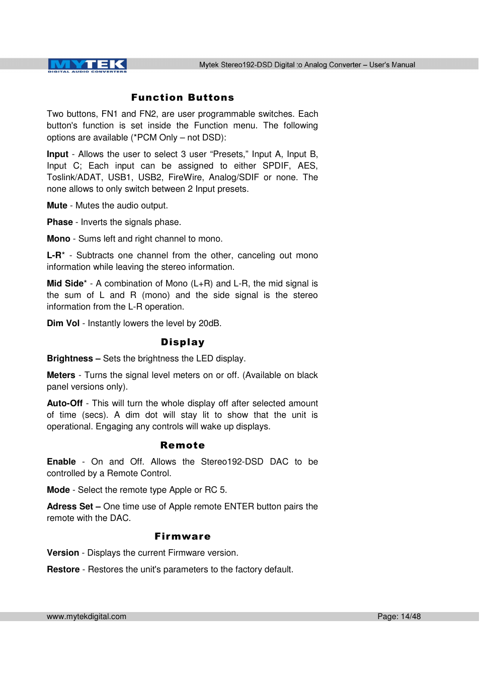 Mytek Digital Stereo 192-DSD DAC (v.2.0) User Manual | Page 14 / 48