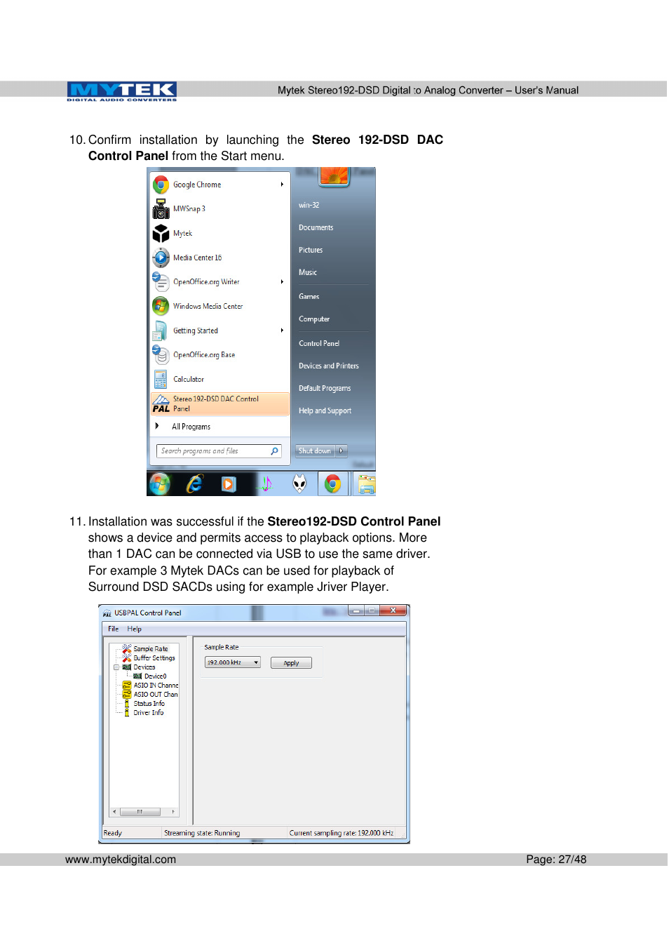 Mytek Digital Stereo 192-DSD DAC (v.2.0) User Manual | Page 27 / 48