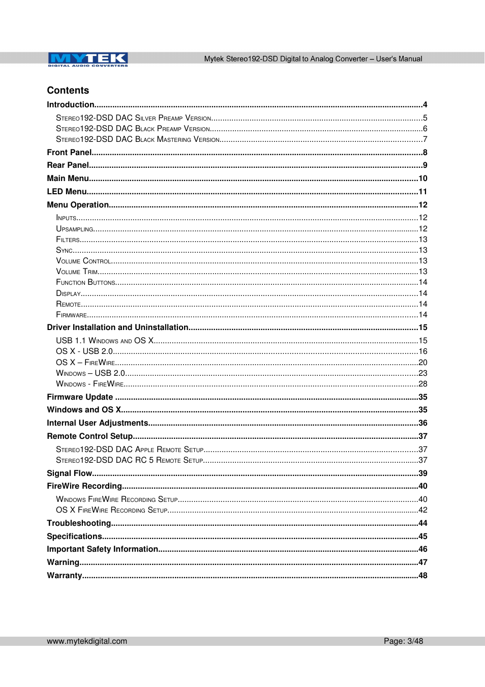 Mytek Digital Stereo 192-DSD DAC (v.2.0) User Manual | Page 3 / 48