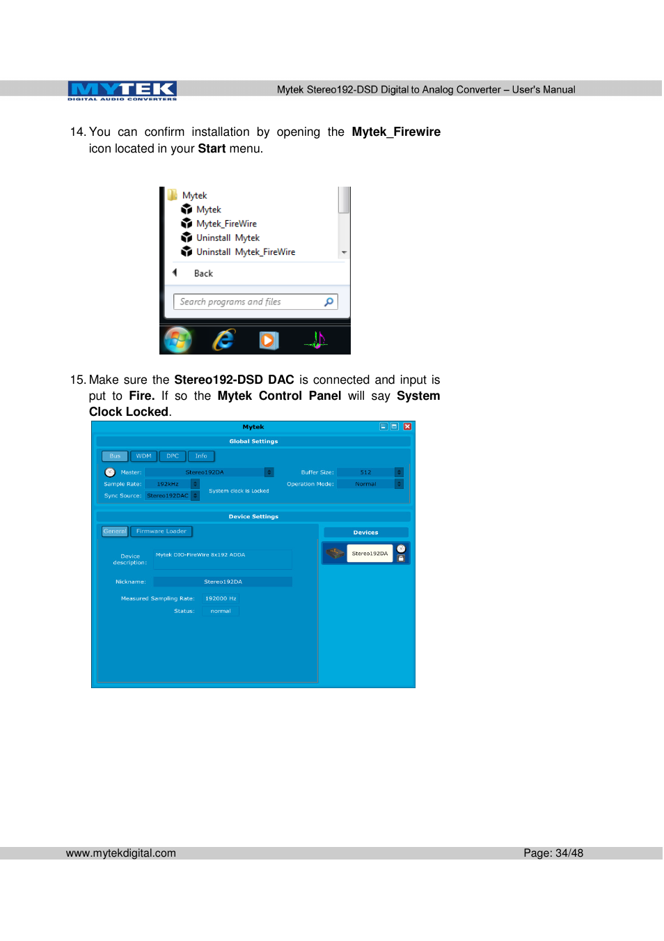 Mytek Digital Stereo 192-DSD DAC (v.2.0) User Manual | Page 34 / 48